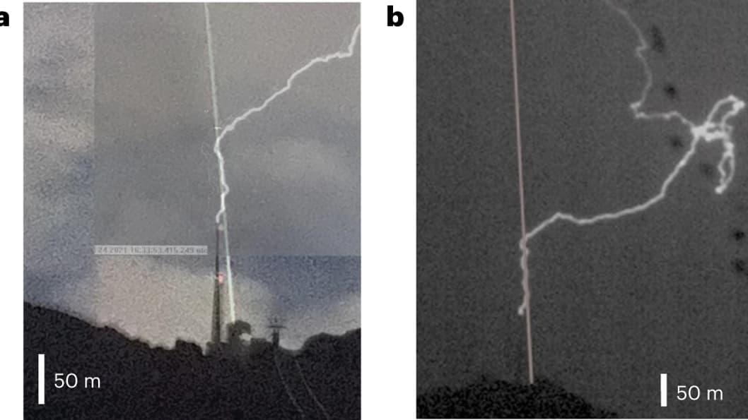 Images de caméras filmant la trajectoire de l'éclair avec la présence du laser, le 24 juillet 2021, à Schwaegalp en Suisse (photo de gauche) et à Kronberg en Allemagne (photo de droite)
