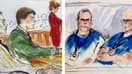 Les frères Lyle et Erik Menendez derrière leur avocate Leslie Abramson dessinés lors de leur procès en 1995, et le 12 avril dernier.