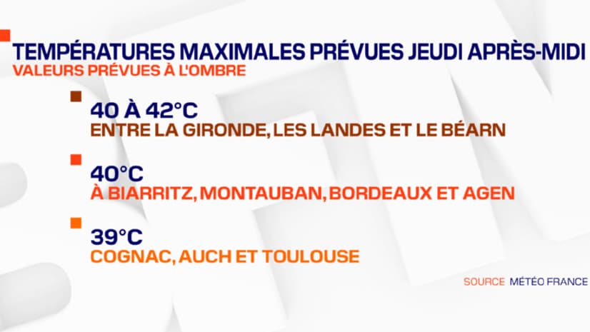 Les températures maximales attendues jeudi. Les températures maximales attendues jeudi.