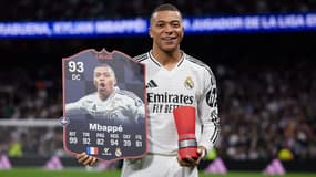 Kylian Mbappé (Real Madrid) recevant son trophée de joueur du mois de janvier, à Madrid le 8 février 2025