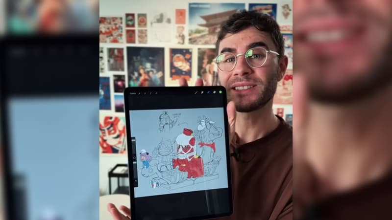 Cyprien dans une vidéo Youtube Shorts publiée le 3 janvier 2024, dévoilant le dessin de son char du Carnaval du Nice 2024.