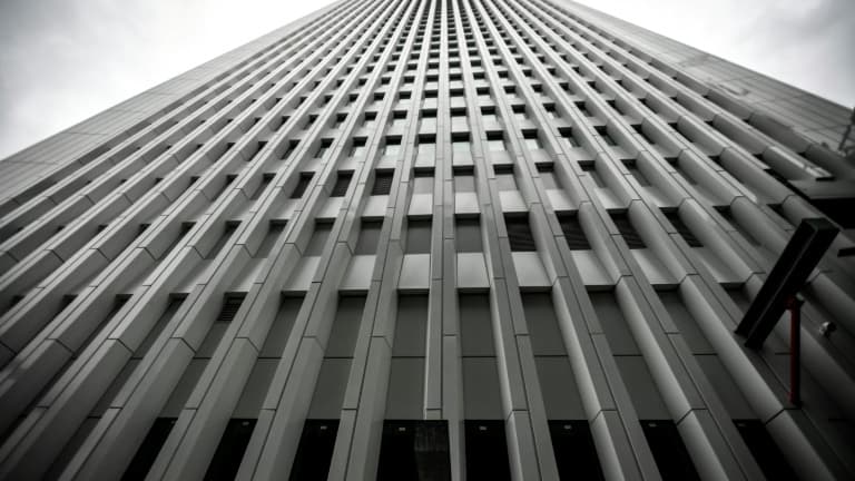 Vue partielle de la Tour Pleyel, ancien immeuble de bureaux en travaux pour être transformé en hôtel quatre étoiles, le 7 février 2024 à Saint-Denis, en Seine-Saint-Denis