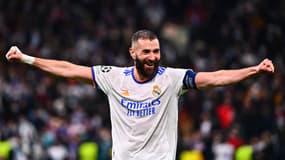 KArim Benzema célèbre un but lors de Real-PSG en C1, le 9 mars 2022