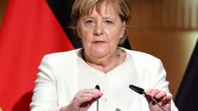 La chancelière allemande Angela Merkel, à Halle dans l'Est de l'Allemagne le 3 octobre 2021