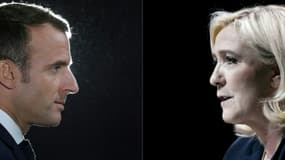 Le président-candidat français Emmanuel Macron (g) à Pont-à-Mousson, en Meurthe-et-Moselle, le 5 novembre 2018, et la candidate du RN à la présidentielle Marine Le Pen à Reims, le 5 février 2022