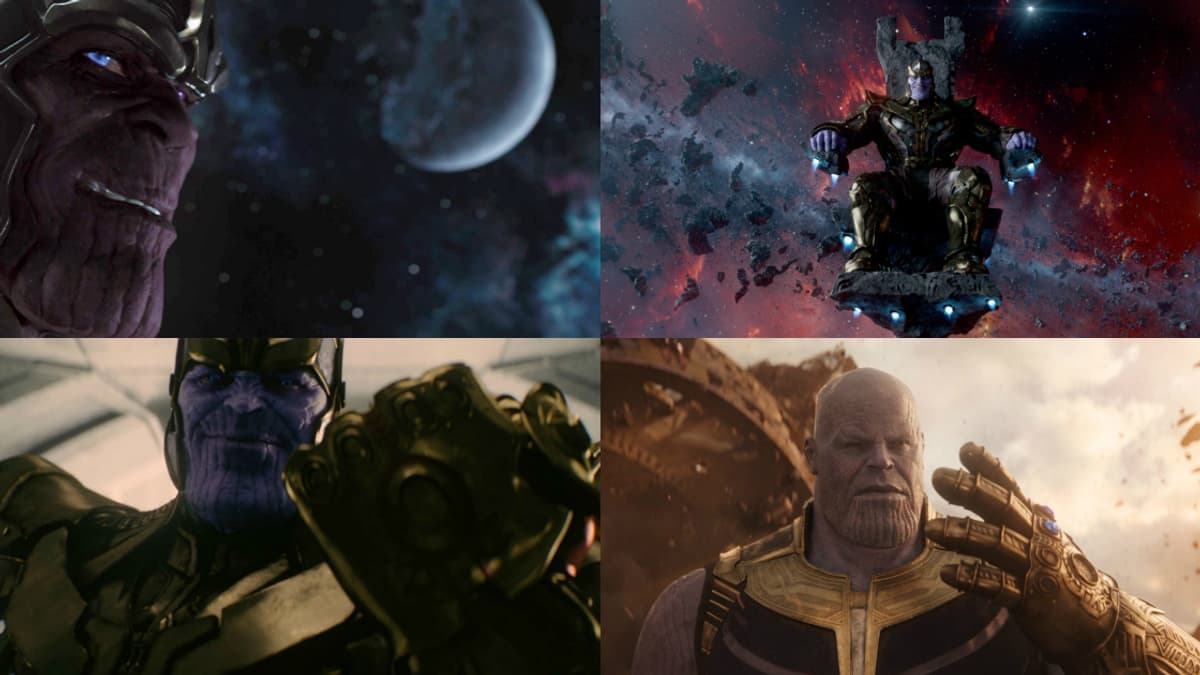 Thanos dans Avengers (Damion Poitier), Les Gardiens de la Galaxie, Avengers : L'Ère d'Ultron et Avengers: Infinity War (Josh Brolin). Thanos dans Avengers (Damion Poitier), Les Gardiens de la Galaxie, Avengers : L'Ère d'Ultron et Avengers: Infinity War (Josh Brolin).