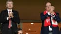 La joie du Prince Albert de Monaco et du président du club, le Russe Dmitri Rybolovlev, après la victoire face à Lille, lors du match de L1, le 14 mai 2017 au stade Louis II