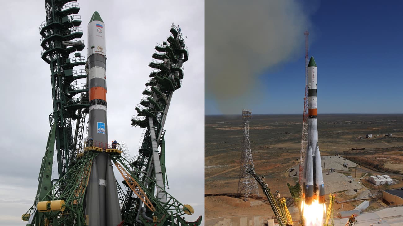 Le cargo spatial russe Progress M-27M sur la base de Baïkonour, au Kaszakhstan, le 26 avril, et lors de son lancement le 28 avril 2015.