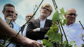 Le ministre de l'Agriculture et de la Souveraineté alimentaire français Marc Fesneau (c) écoute un viticulteur dont des parcelles ont été touchées par la grêle à Castelnau d'Auzan Labarrère, dans le Gers, le 6 juin 2022
