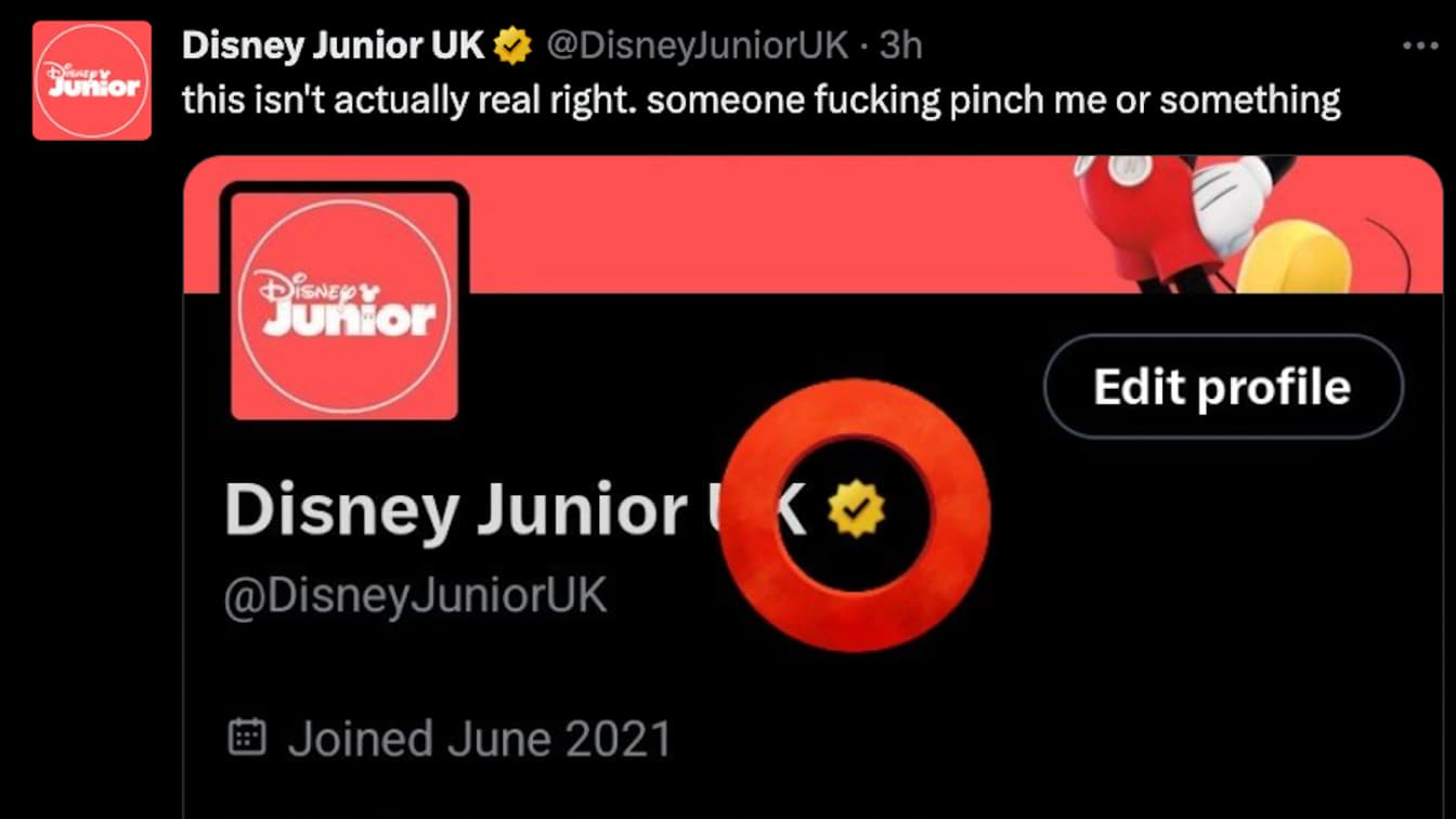 Le propriétaire du faux compte Disney Junior UK marquant son étonnement de recevoir un badge doré