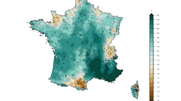 Rapport à la normale mensuel du cumul des précipitations de mars 2024.