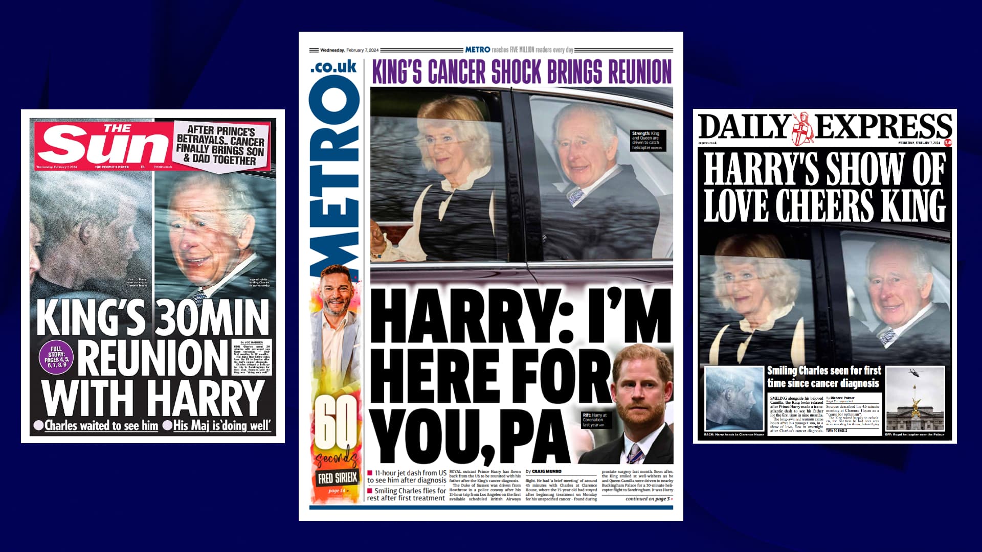 Les unes de la presse britannique du mercredi 7 février 2024 sont consacrées aux retrouvailles entre le prince Harry et le roi Charles III