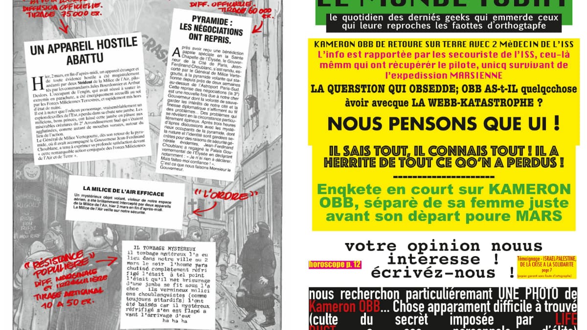 Les faux journaux avec des fautes dans La Foire aux immortels (à gauche) et dans Bug (à droite)