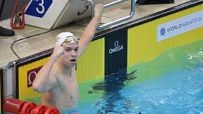 Léon Marchand lors de sa victoire sur 200m nage libre à la Coupe du monde, le 1er novembre 2024 à Singapour