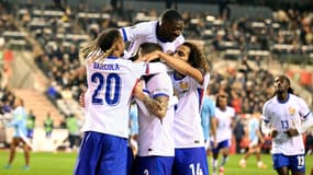 La joie des joueurs de l'équipe de France lors de la victoire en Belgique (1-2, Ligue des Nations), le 14 octobre 2024