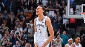 Victor Wembanyama (28 points, 13 rebonds, 7 passes, 2 interceptions, 3 contres) lors de la victoire de San Antonio face à Oklahoma City (132-118), le 29 février 2024
