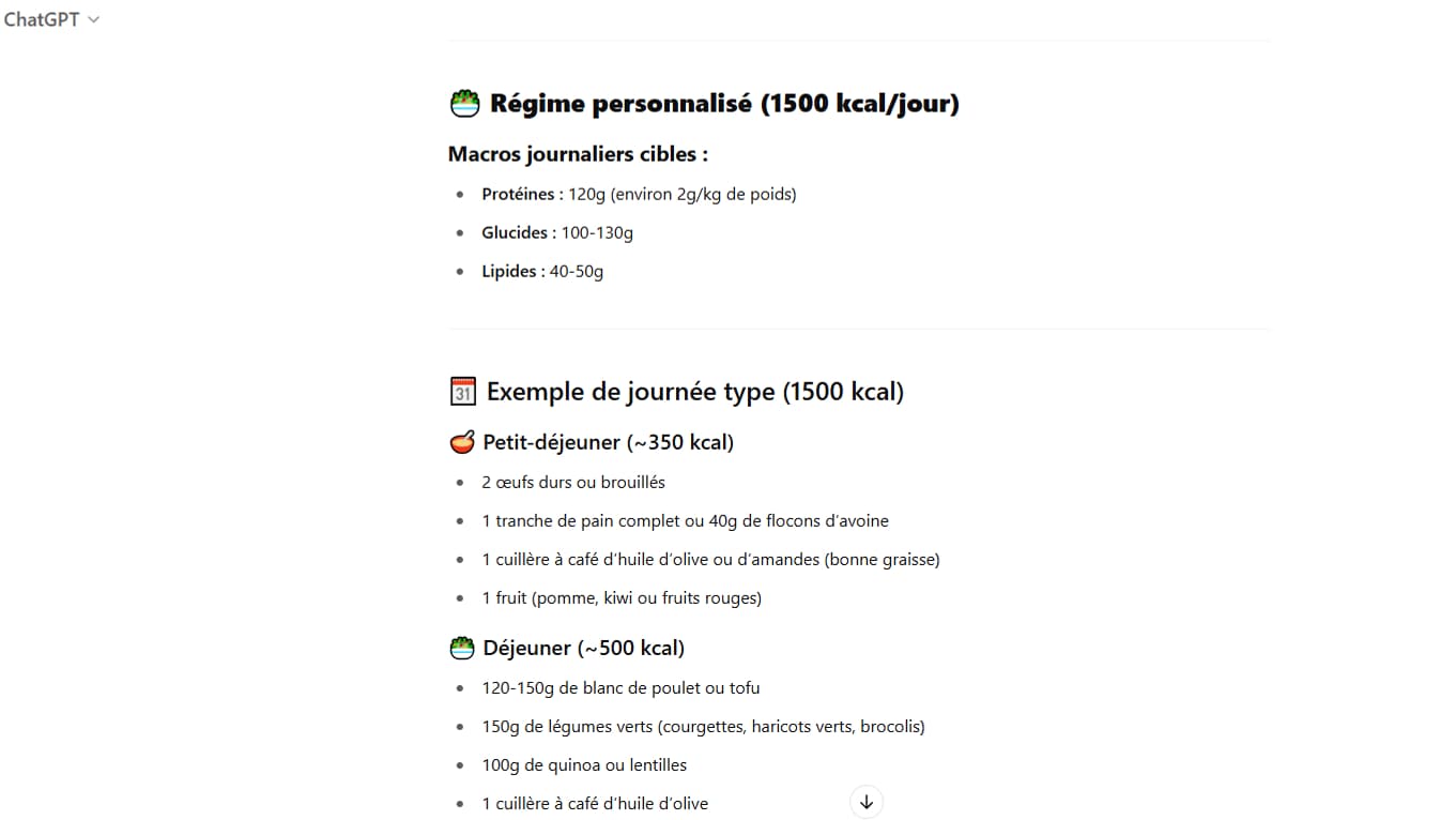 Les régimes proposés par ChatGPT peuvent aussi être problématiques par rapport à l'objectif fixé par l'utilisateur.