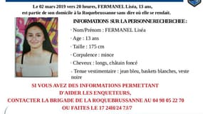 Appel à témoins diffusé par la gendarmerie pour retrouver Liséa Fermanel, 13 ans