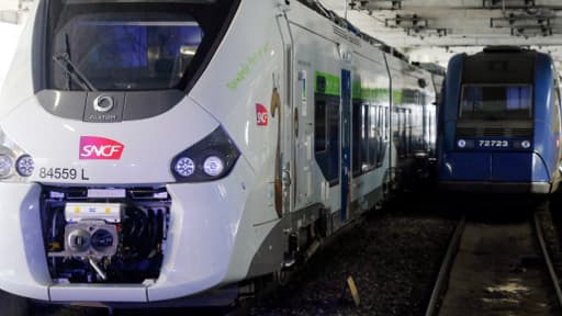 A gauche, une nouvelle rame "Regiolis". A droite, le modèle de TER prédédent, légèrement plus fin. Photo prise à la gare Vaugirard, à Paris, le 29 avril 2014.