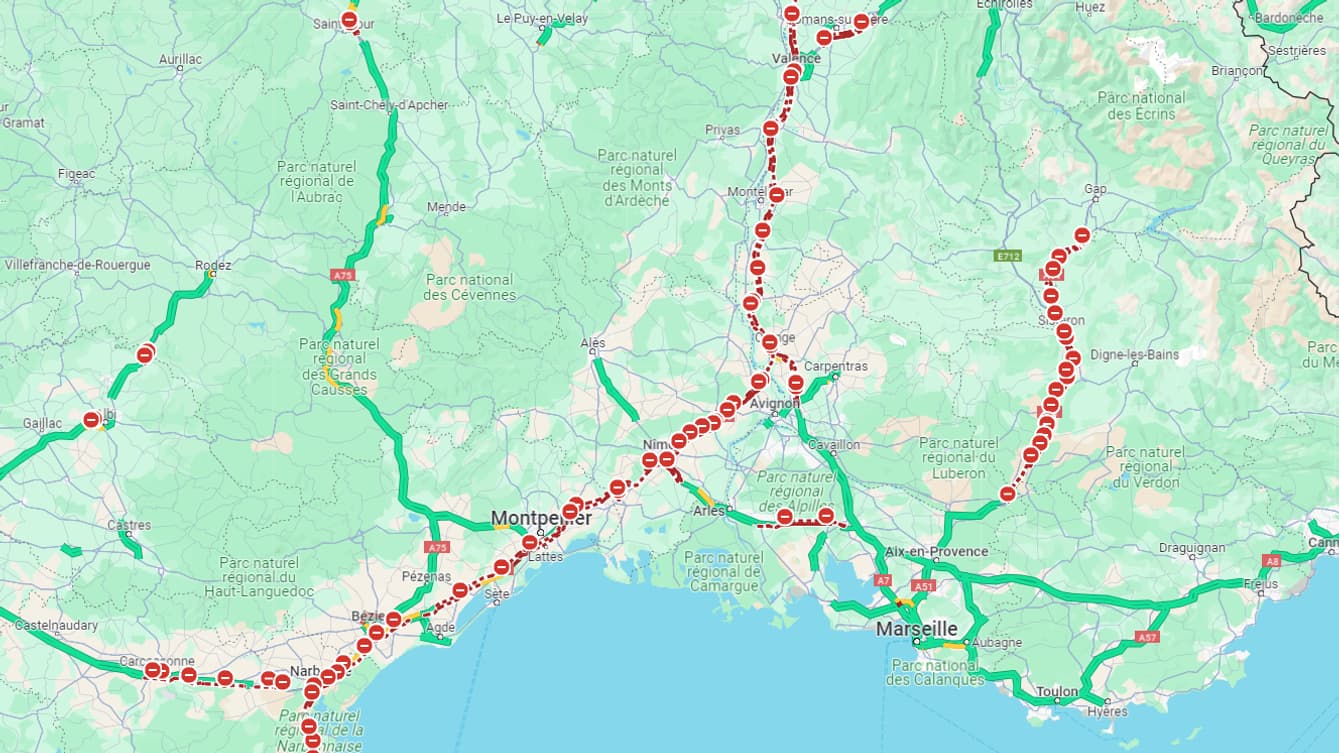 Capture d'écran Google Maps des autoroutes fermées dans le sud de la France le vendredi 26 janvier 2024