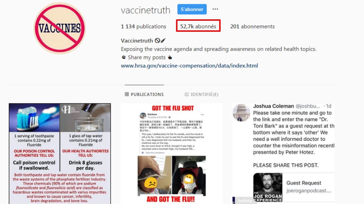 Un compte anti-vaccin avec plus de 50.000 abonnés, toujours en ligne vendredi matin