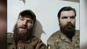 Membres du régiment Azov, Ilya Samoïlenko, officier du renseignement, et Denis Prokopenko, lieutenant colonel, donnent une visioconférence depuis un bunker sur le site Azovstal à Marioupol