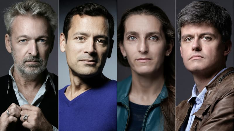 Les romanciers Eric Reinhardt, Jean-Baptiste Andrea, Neige Sinno et Gaspard Koenig, finalistes du Goncourt 2023