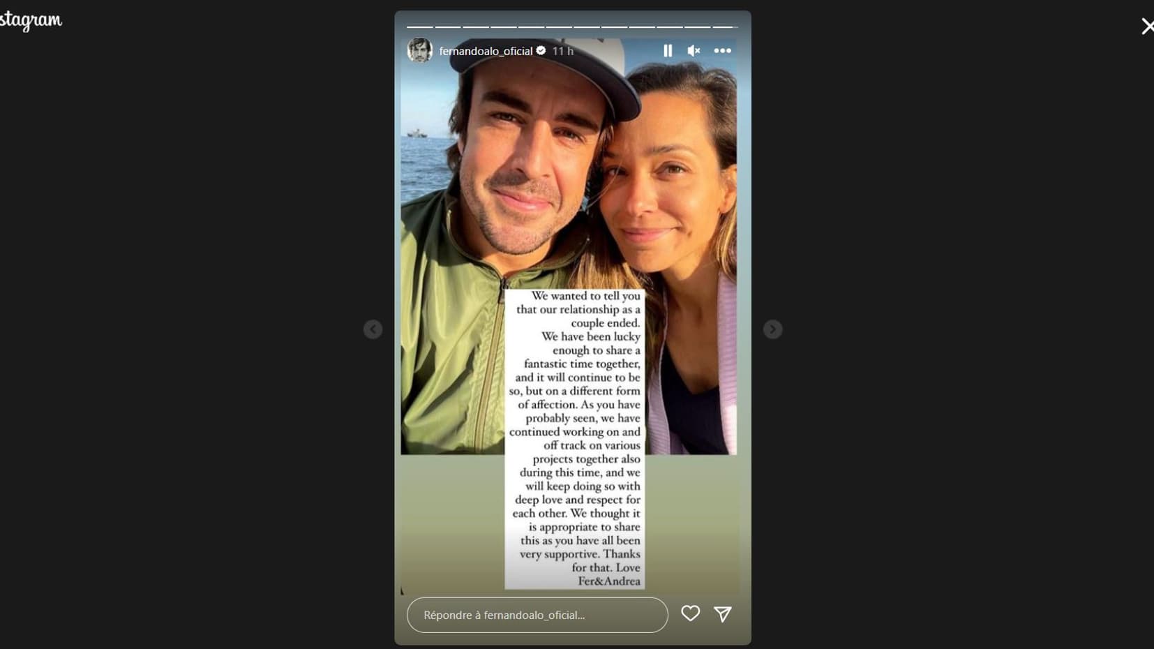 Le message de Fernando Alonso sur son compte Instagram