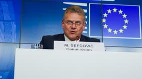 Le commissaire européen en charge du Commerce et de la Sécurité économique, Maros Sefcovic, lors d'une conférence de presse à la fin d'un Conseil des affaires étrangères à Luxembourg, le 7 avril 2025 (photo d'illustration).