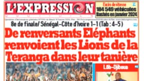 La Une du quotidien ivoirien L'Expression le 30 janvier 2024 après la victoire des Eléphants face au Sénégal (1-1, 5 t.a.b. 4) en 8e de finale de la CAN