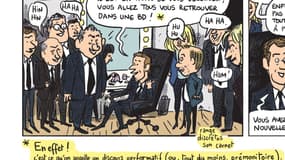 Emmanuel Macron après le débat d'entre-deux tours de 2017, en compagnie de ses soutiens... et de Mathieu Sapin