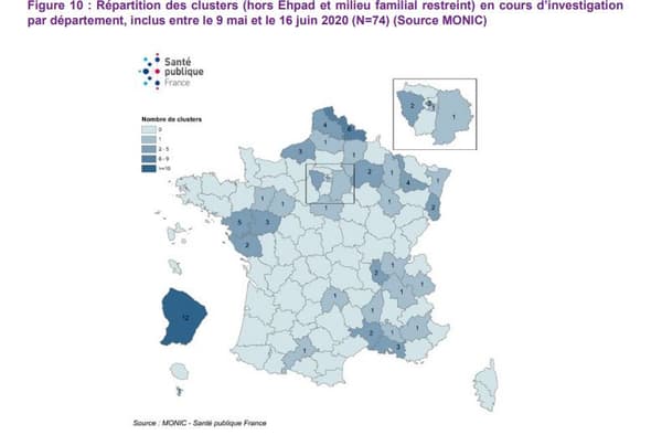 Carte de répartition des clusters en France entre le 9 mai et le 16 juin 2020. Carte de répartition des clusters en France entre le 9 mai et le 16 juin 2020.