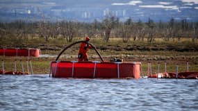 Un travailleur du ministère russe des Urgences intervient sur un déversement de diesel polluant dans une rivière à l'extérieur de Norilsk, en Russie, le 6 juin 2020. (Photo d'illustration)