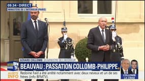 Gérard Collomb dit quitter "avec regret" le ministère de l'Intérieur, lors de sa passation de pouvoir avec Édouard Philippe