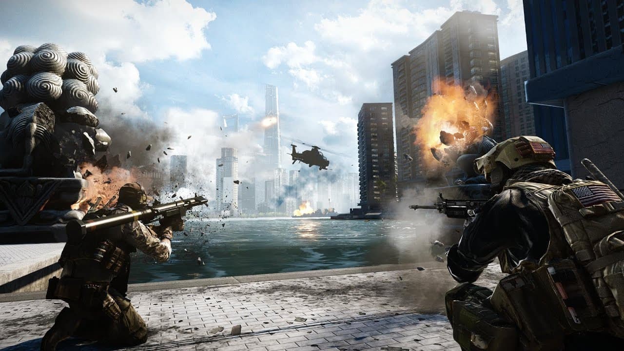 Dans le mode en ligne du jeu vidéo Battlefield 4, la carte "Siège de Shanghai" oppose les forces américaines aux forces chinoises Dans le mode en ligne du jeu vidéo Battlefield 4, la carte "Siège de Shanghai" oppose les forces américaines aux forces chinoises
