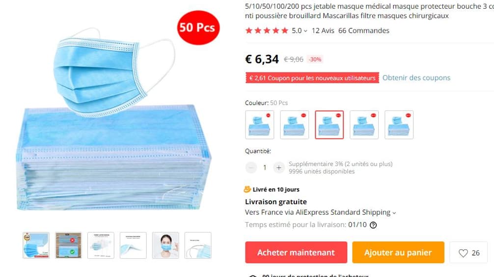 6,34 euros les 50 masques chez AliExpress 6,34 euros les 50 masques chez AliExpress