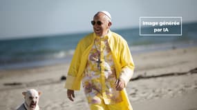 Une image générée par Midjourney à partir du prompt "Le pape François à la plage en chemise hawaïenne jaune avec son chien et une giraffe"