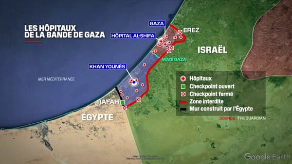 La carte des 34 hôpitaux de la bande de Gaza, au 14 novembre 2023.