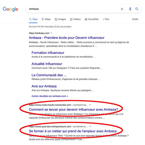 Screenshot of Google results linked to the Ambaza site