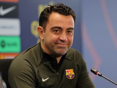 L'ex-entraineur du FC Barcelone Xavi, lors d'une conférence de presse.