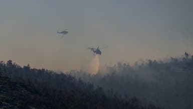 Des hélicoptères Shinook pulvérisent de l'eau au-dessus d'un feu de forêt au mont Parnitha, près d'Athènes, le 29 juin 2024. 