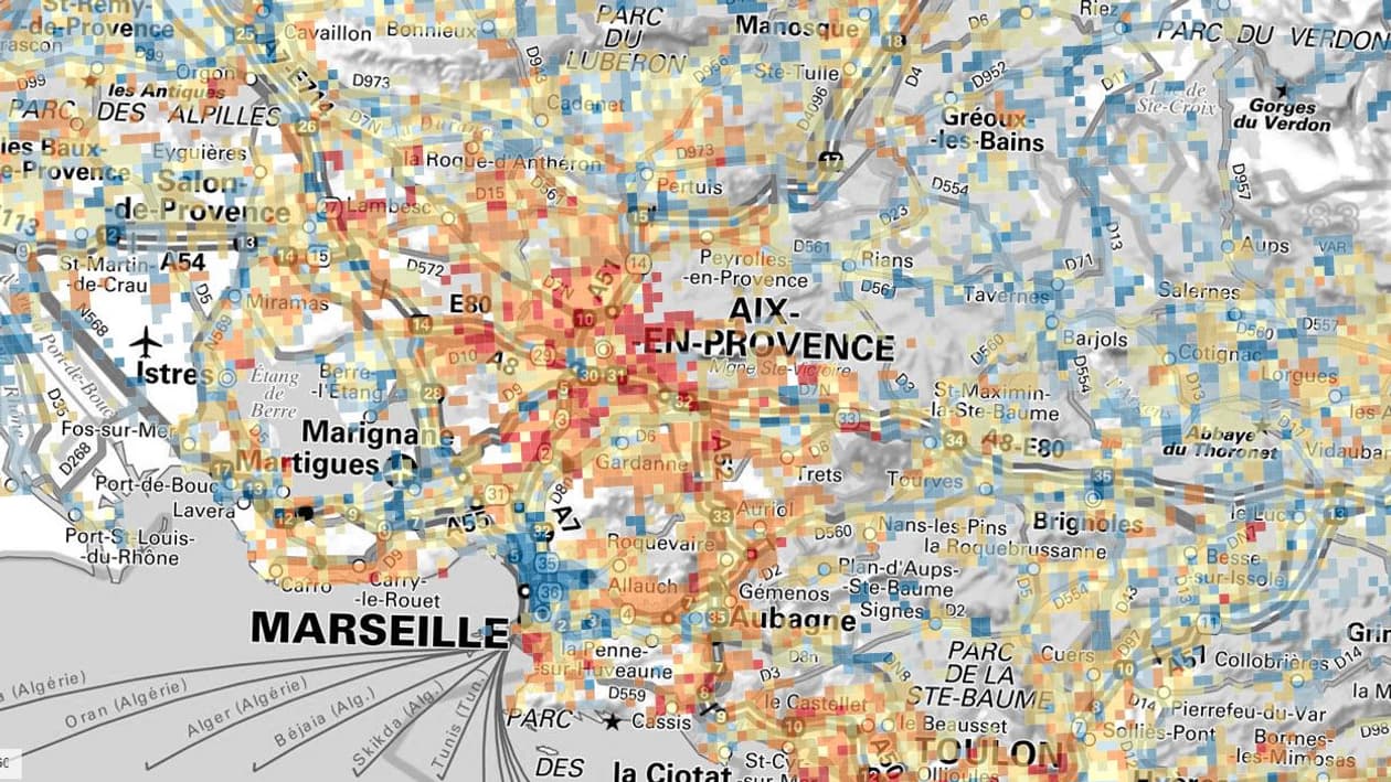La carte du niveau de vie dans la métropole Aix-Marseille (en rouge, les niveaux de vie les plus élevés, en bleu, les plus faibles). La carte du niveau de vie dans la métropole Aix-Marseille (en rouge, les niveaux de vie les plus élevés, en bleu, les plus faibles).