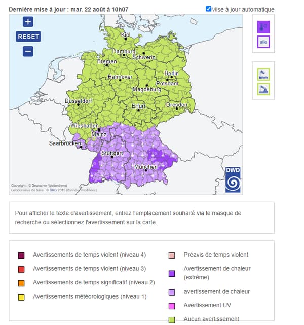 Carte des températures et des niveaux de vigilance en Allemagne le mardi 22 août 2023.