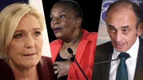 Marine Le Pen, Christiane Taubira et Eric Zemmour, trois candidats qui peinent à recueillir le nombre de parrainages suffisant pour pouvoir se présenter à l'élection présidentielle.