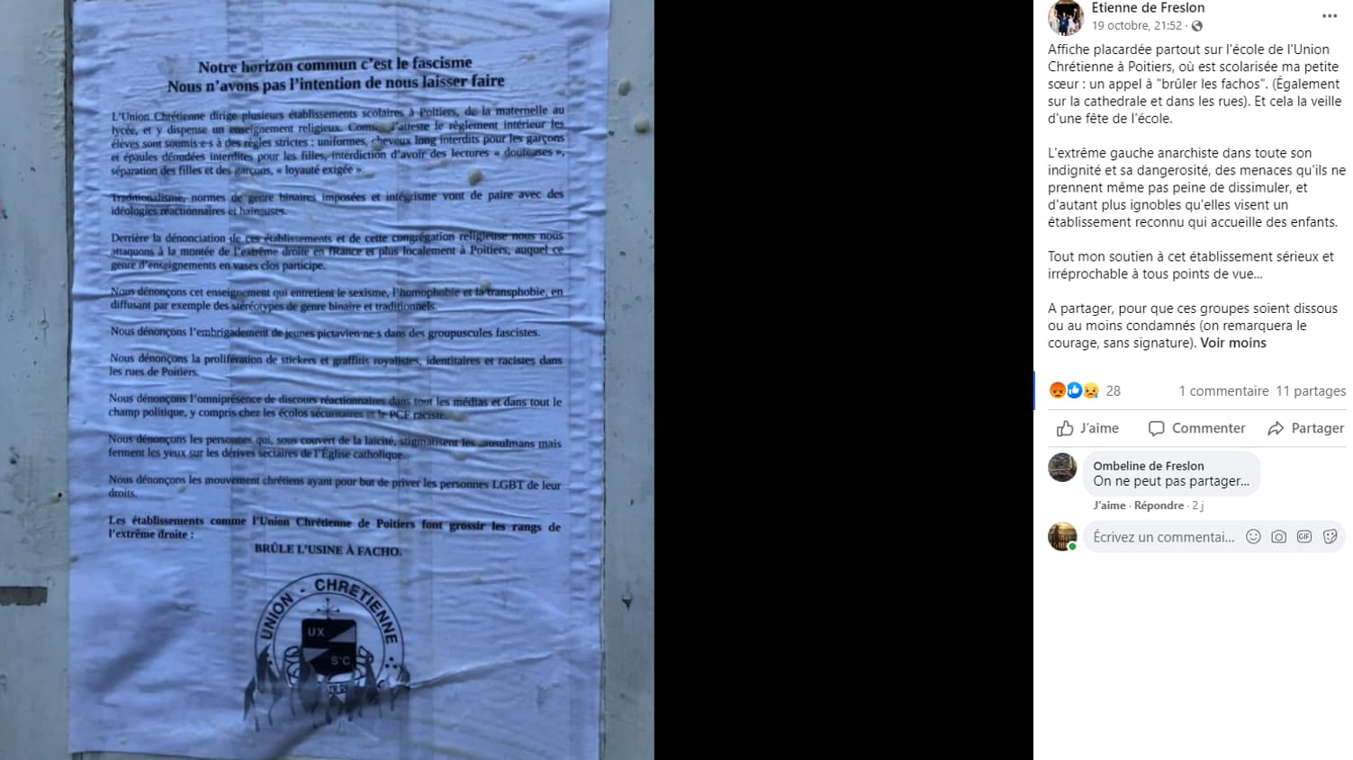 Un parent d'élève a publié l'affiche collée sur les portes de l'Union chrétienne. Un parent d'élève a publié l'affiche collée sur les portes de l'Union chrétienne.