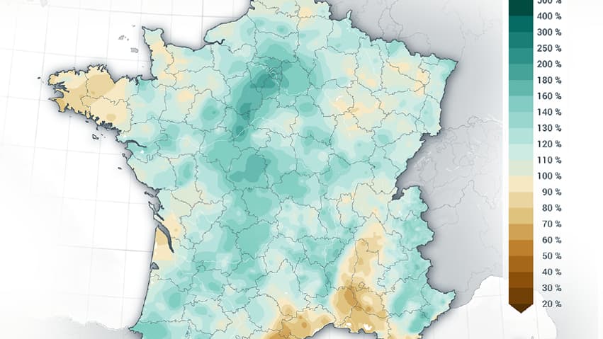 Cumuls des précipitation à l'automne 2024 par rapport à la normale saisonnière 19991-2020. Cumuls des précipitation à l'automne 2024 par rapport à la normale saisonnière 19991-2020.