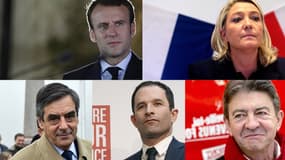Emmanuel Macron, Marine Le Pen, François Fillon, Benoît Hamon et Jean-Luc Mélenchon. 