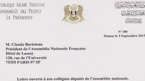 Lettre envoyée par le gouvernement syrien et destinée à Claude Bartolone, président de l'Assemblée nationale