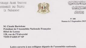 Lettre envoyée par le gouvernement syrien et destinée à Claude Bartolone, président de l'Assemblée nationale