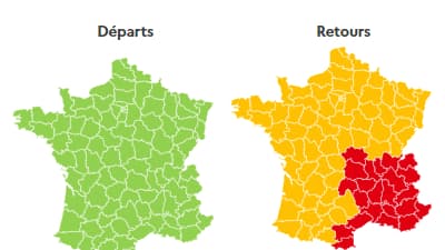 La journée est classée orange au niveau national dans le sens des retours et même rouge en Auvergne-Rhône-Alpes et sur la Côte d'Azur.